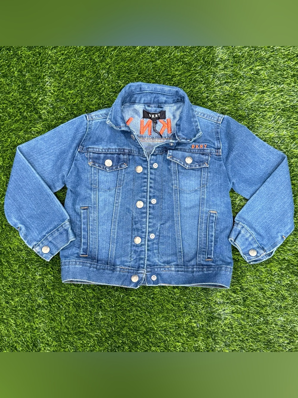 DKNY Kids Blue Denim Jacket Size 5 Button Front Embroidered Logo Pockets
